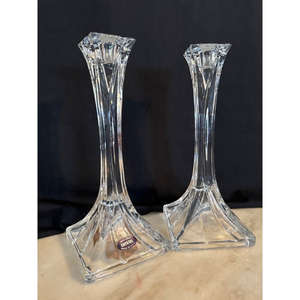 Delomb Toscany Pair Of Elegant 24% Lead Crystal Candlesticks - 10" Tall Made In